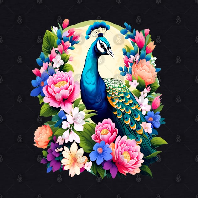 A Cute Peacock Surrounded by Bold Vibrant Spring Flowers by BirdsnStuff